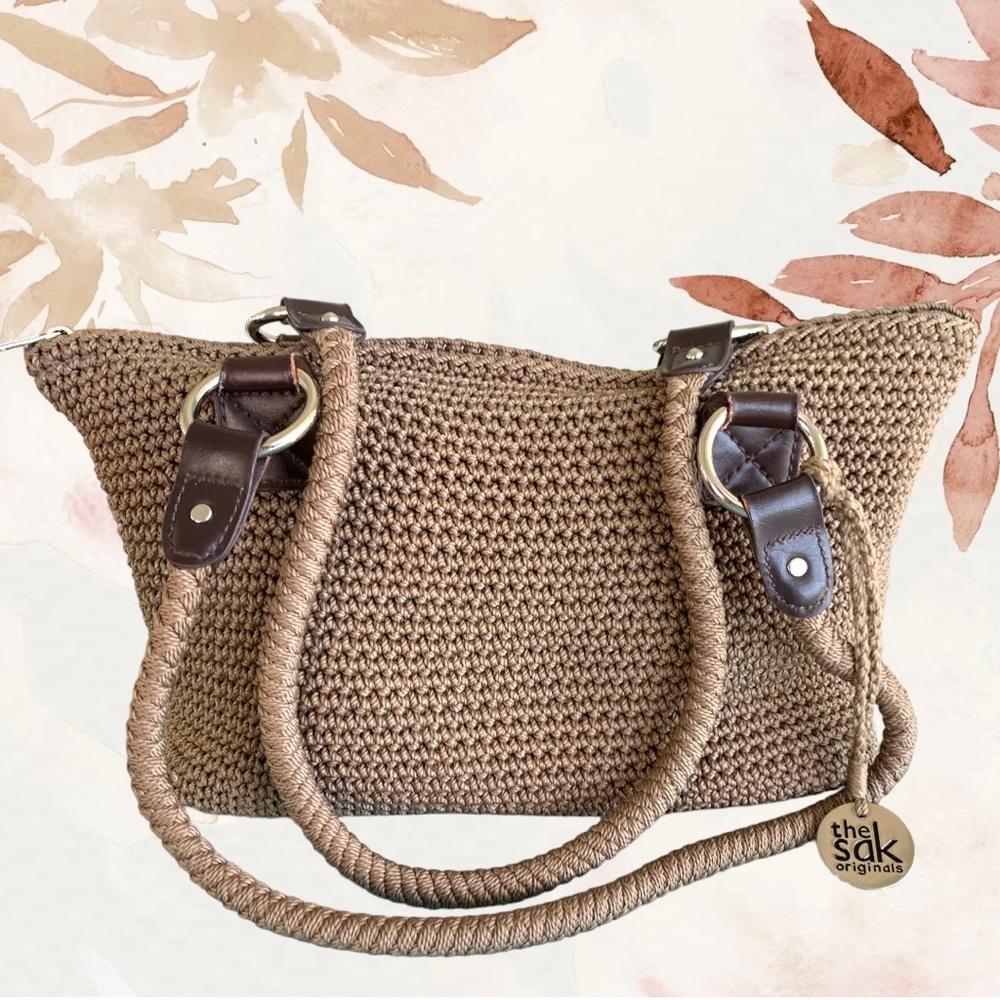 The Sak Tan Woven Satchel with Dark Brown Leather Trim